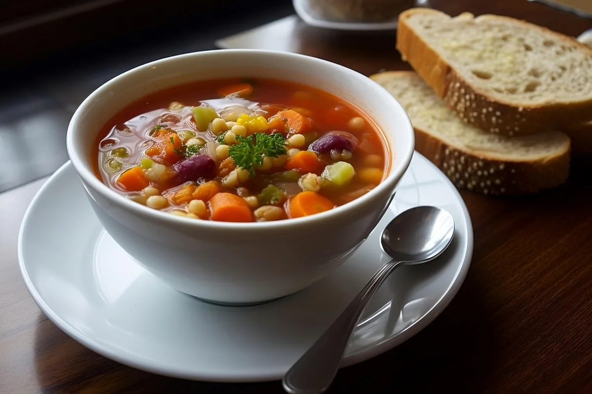 Tigela de sopa fumegante com colher, servida em mesa rústica